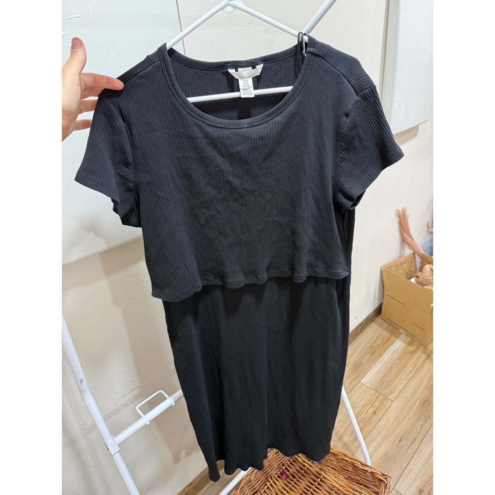 HM MAMA Womens XXL Black Ribbed Nursing Maternity Dress Short Sleeve Crew Neck